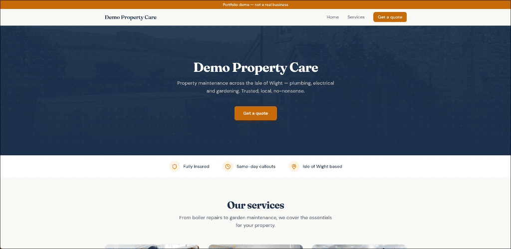 Demo Property Care homepage for a trades and property maintenance business