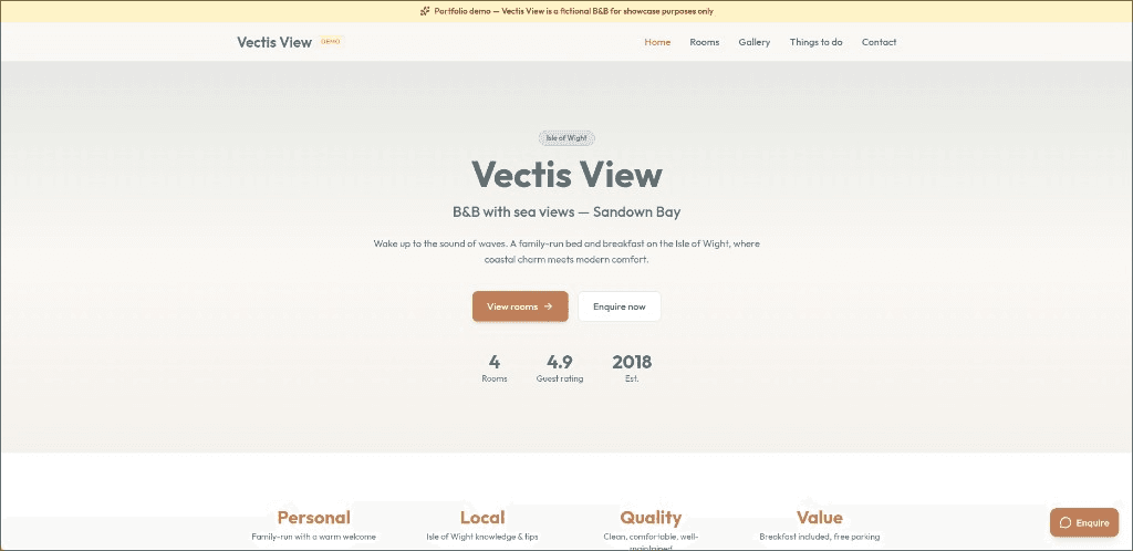 Vectis View demo bed and breakfast homepage on the Isle of Wight